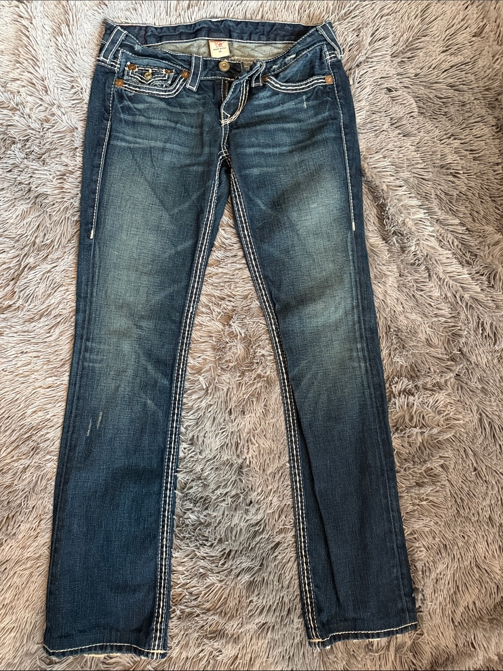 True Religion Straight Leg Jeans in Dark Blue with White Stitching